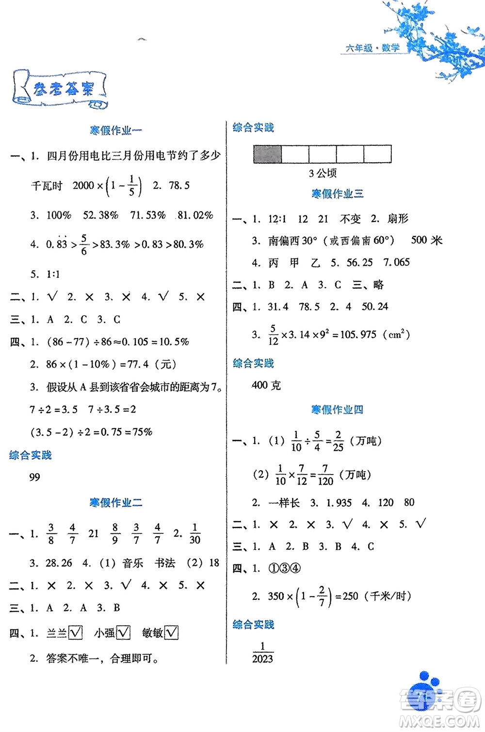 河北少年兒童出版社2024寒假生活六年級數(shù)學(xué)通用版參考答案