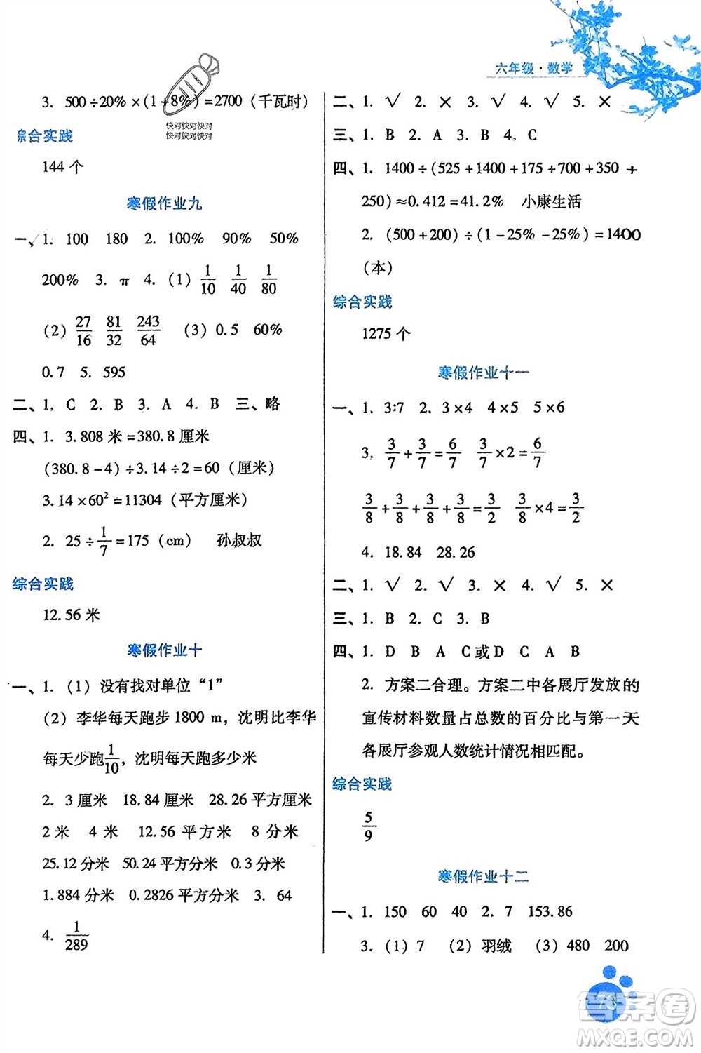 河北少年兒童出版社2024寒假生活六年級數(shù)學(xué)通用版參考答案