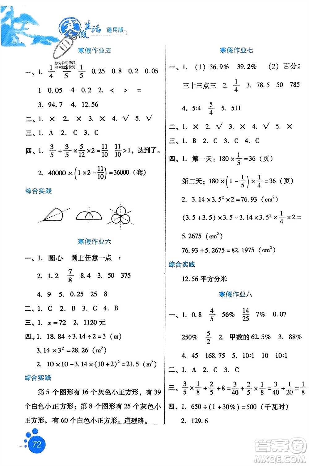 河北少年兒童出版社2024寒假生活六年級數(shù)學(xué)通用版參考答案