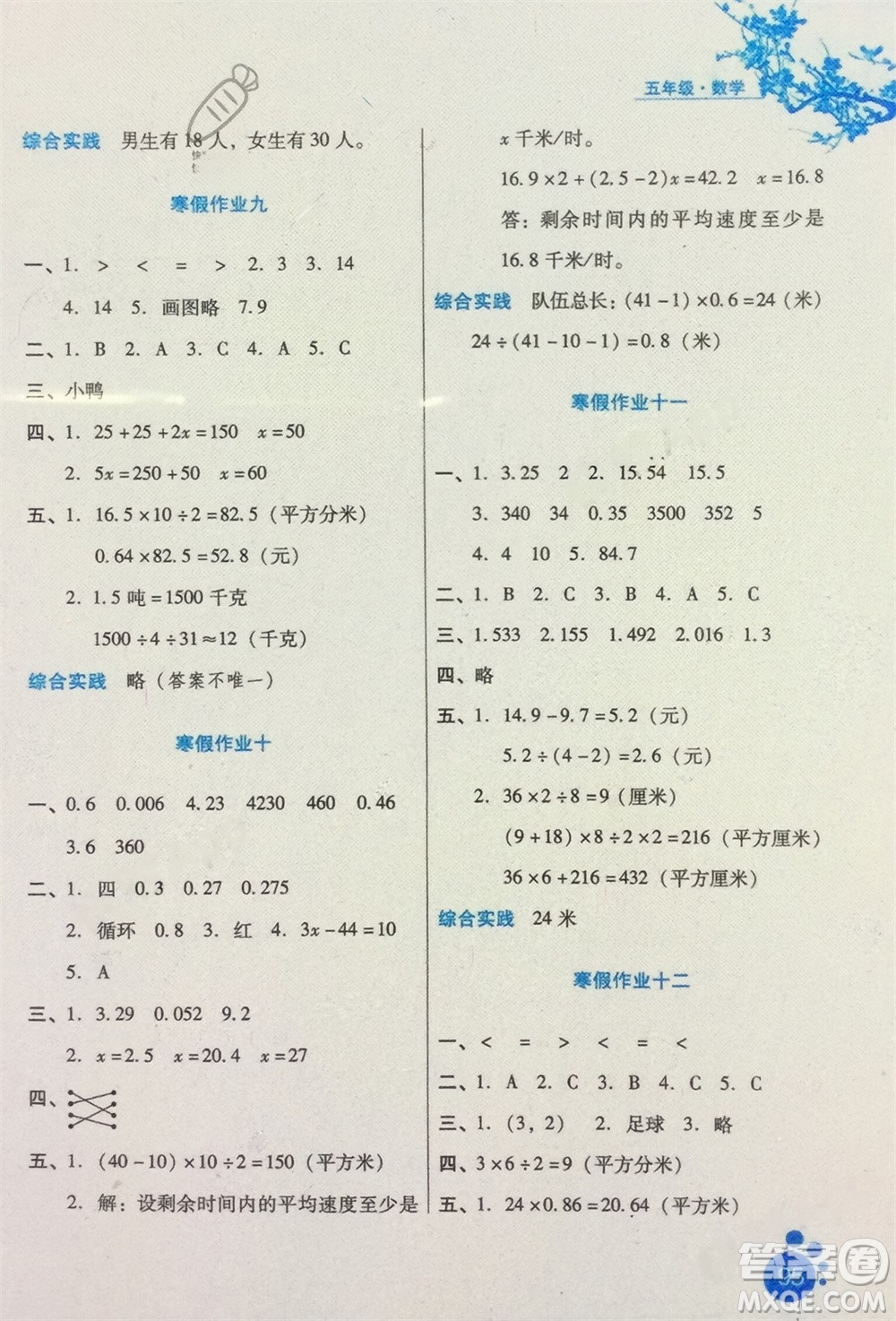 河北人民出版社2024寒假生活五年級(jí)數(shù)學(xué)通用版參考答案