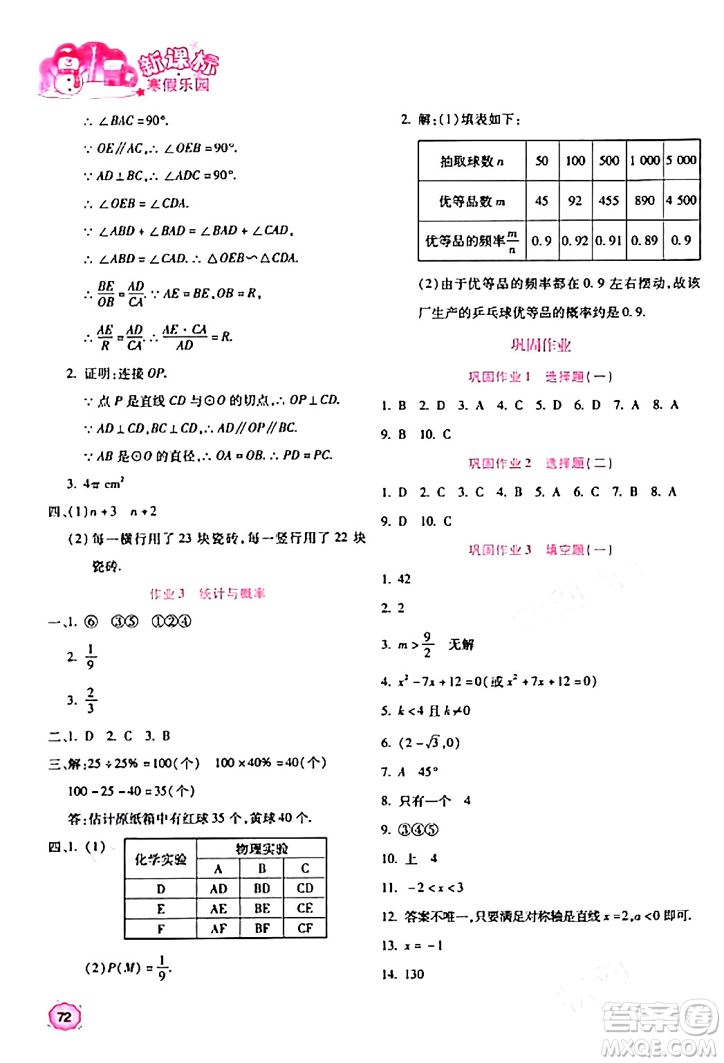 北京教育出版社2024新課標寒假樂園九年級數(shù)學(xué)課標版答案