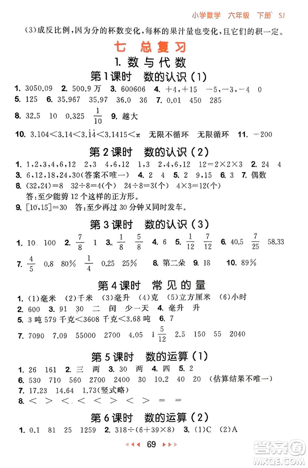 首都師范大學(xué)出版社2024年春53隨堂測六年級數(shù)學(xué)下冊蘇教版參考答案