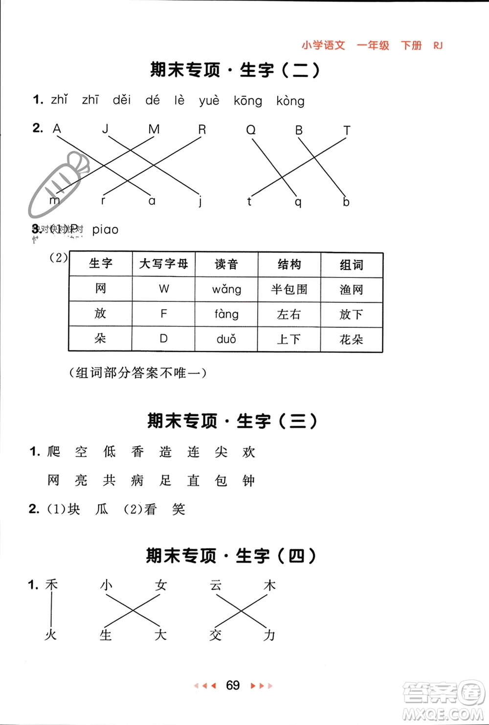 首都師范大學出版社2024年春53隨堂測一年級語文下冊人教版參考答案