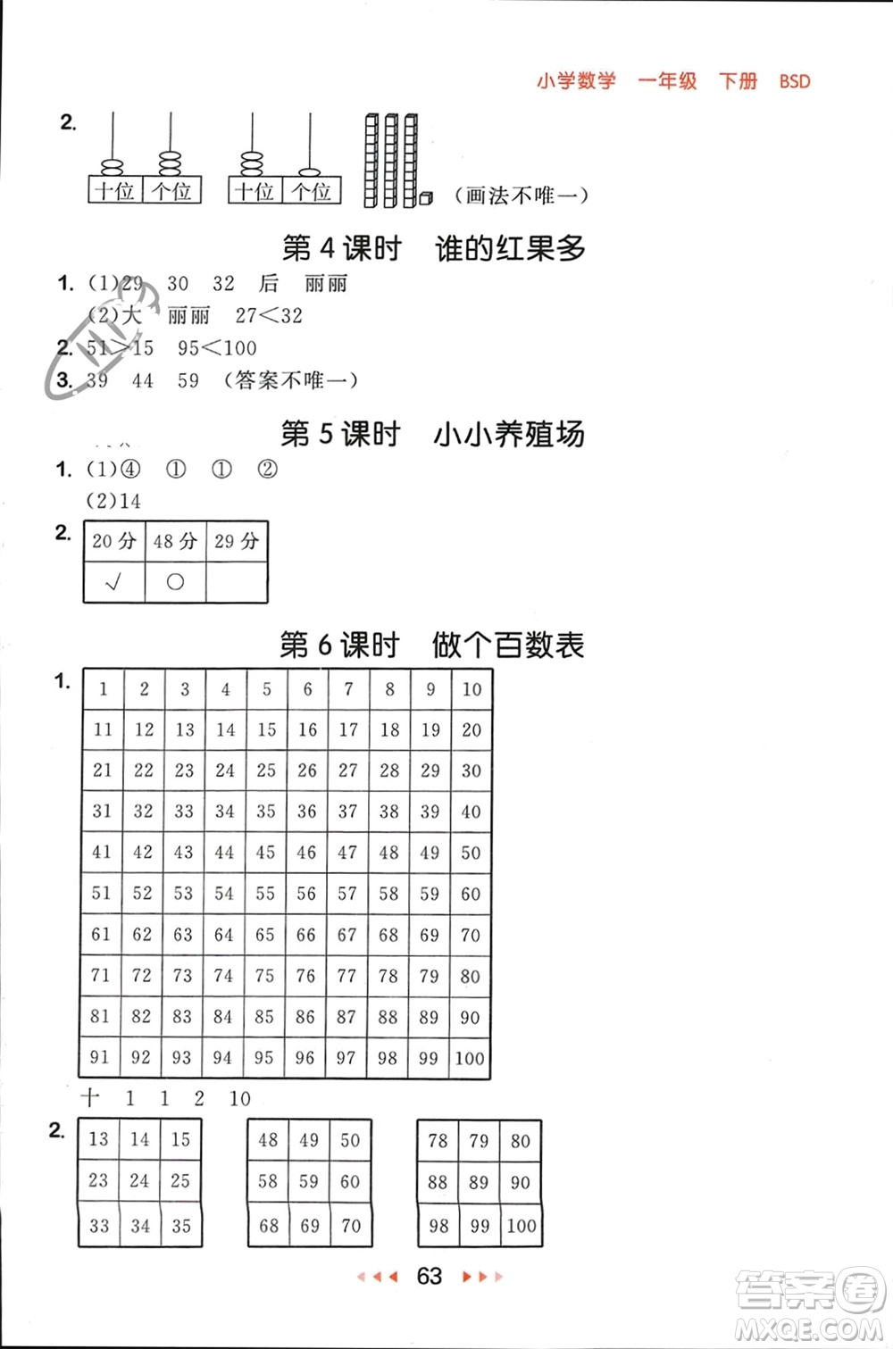 首都師范大學(xué)出版社2024年春53隨堂測一年級數(shù)學(xué)下冊北師大版參考答案