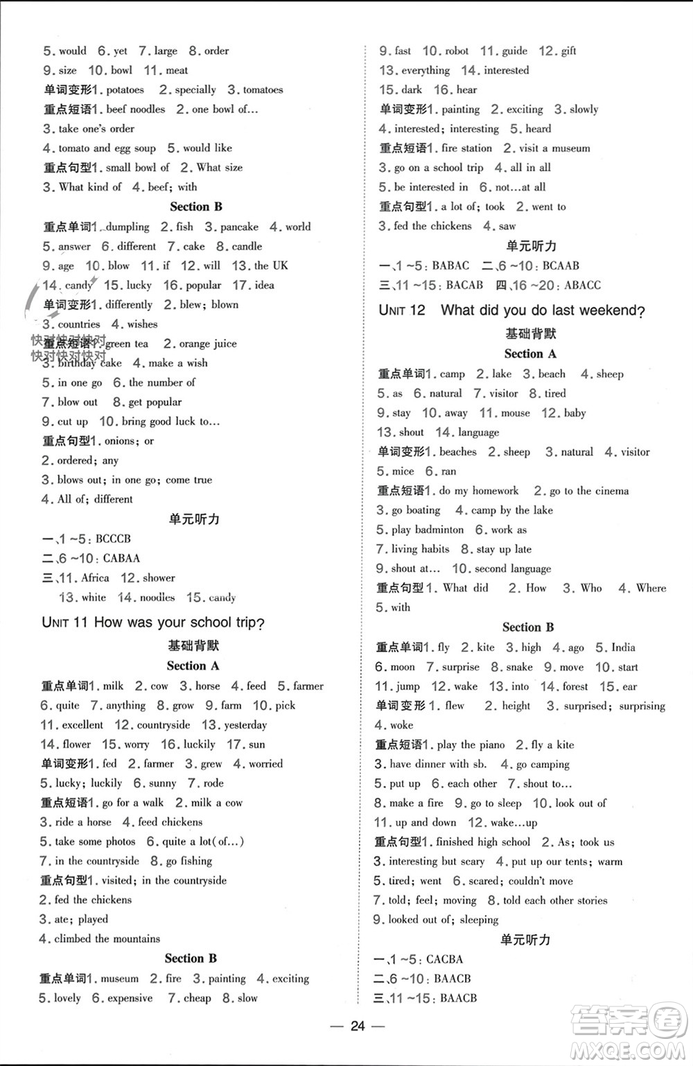 吉林教育出版社2024年春榮德基點撥訓(xùn)練七年級英語下冊人教版參考答案