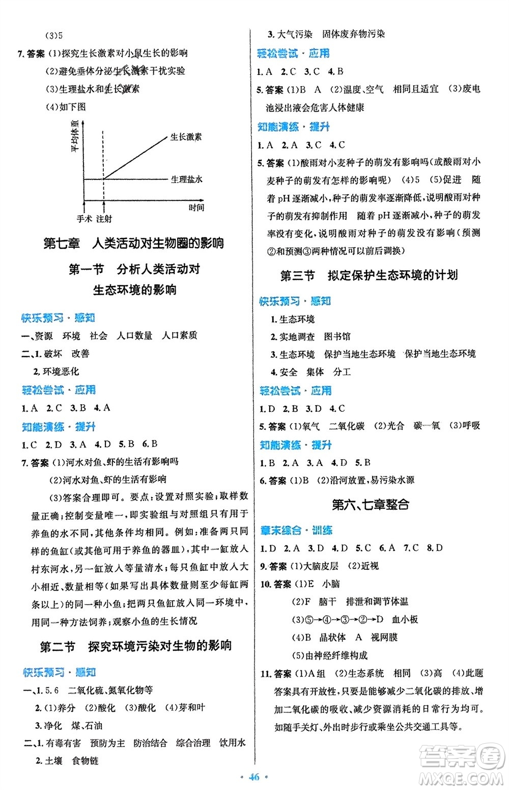 人民教育出版社2024年春初中同步測控優(yōu)化設(shè)計七年級生物下冊人教版福建專版參考答案