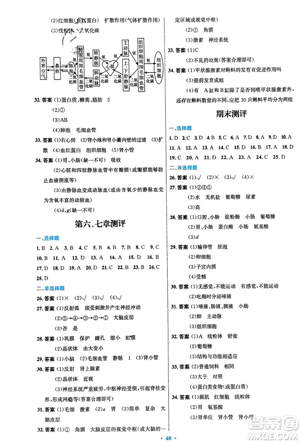 人民教育出版社2024年春初中同步測控優(yōu)化設(shè)計七年級生物下冊人教版福建專版參考答案