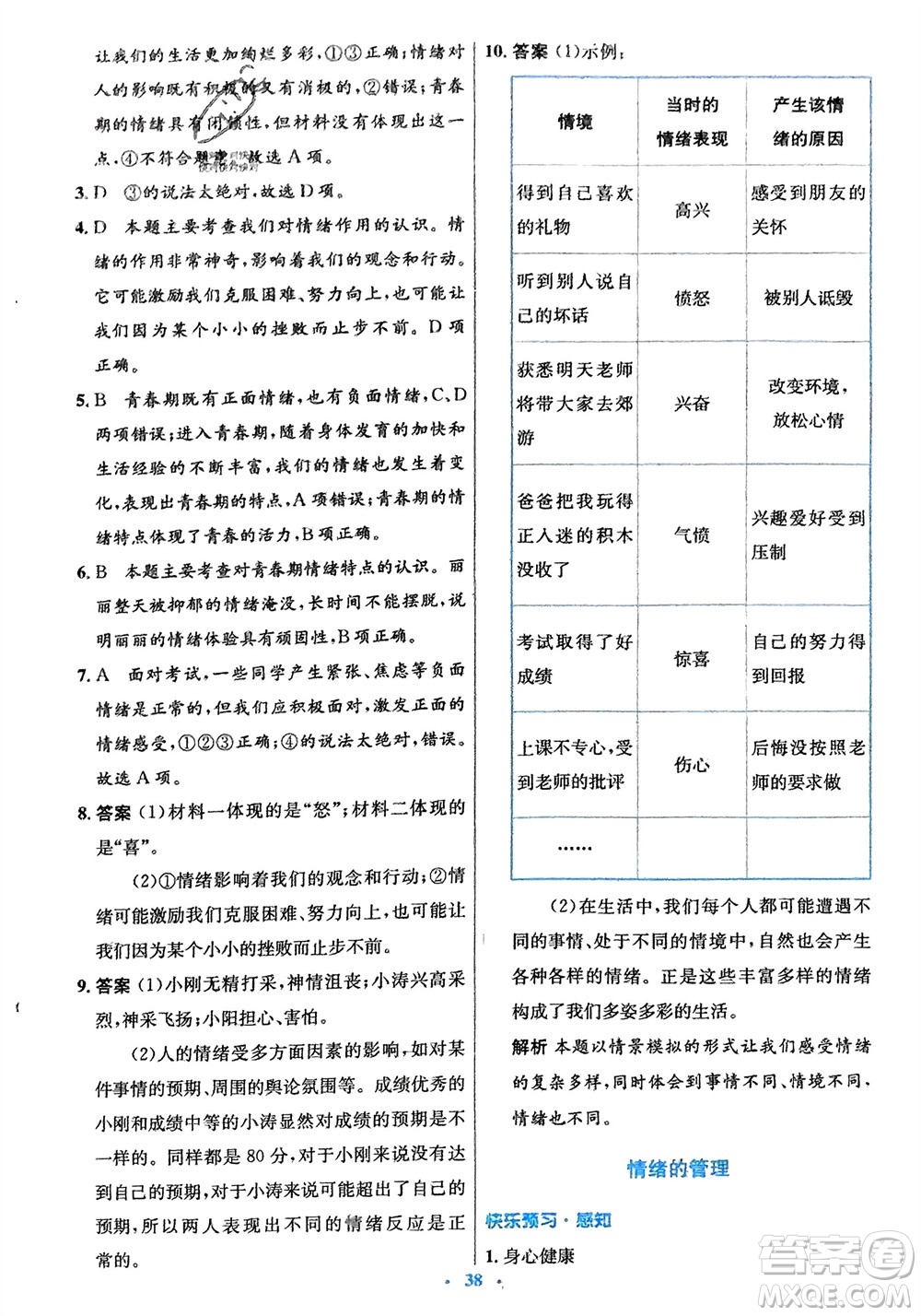 人民教育出版社2024年春初中同步測(cè)控優(yōu)化設(shè)計(jì)七年級(jí)道德與法治下冊(cè)人教版福建專版參考答案