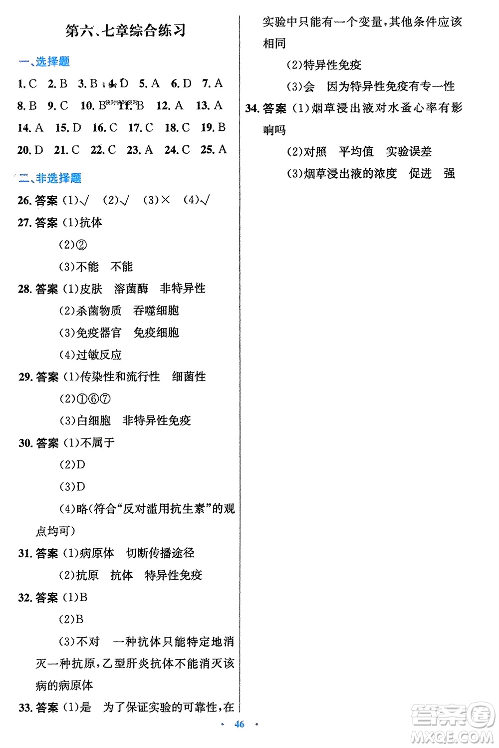 知識(shí)出版社2024年春初中同步測(cè)控優(yōu)化設(shè)計(jì)七年級(jí)生物下冊(cè)冀少版福建專版參考答案