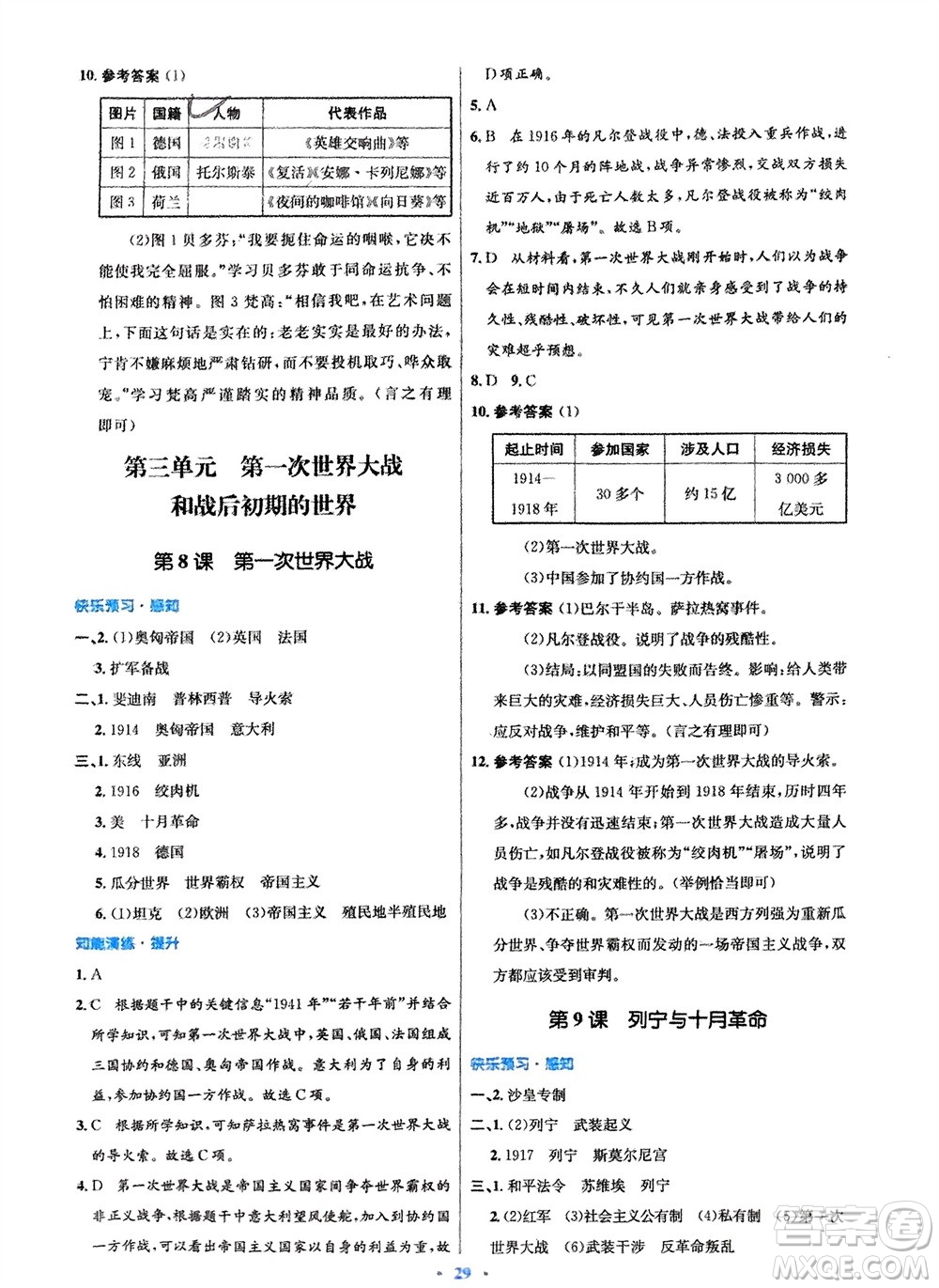 人民教育出版社2024年春初中同步測控優(yōu)化設(shè)計九年級歷史下冊人教版福建專版參考答案