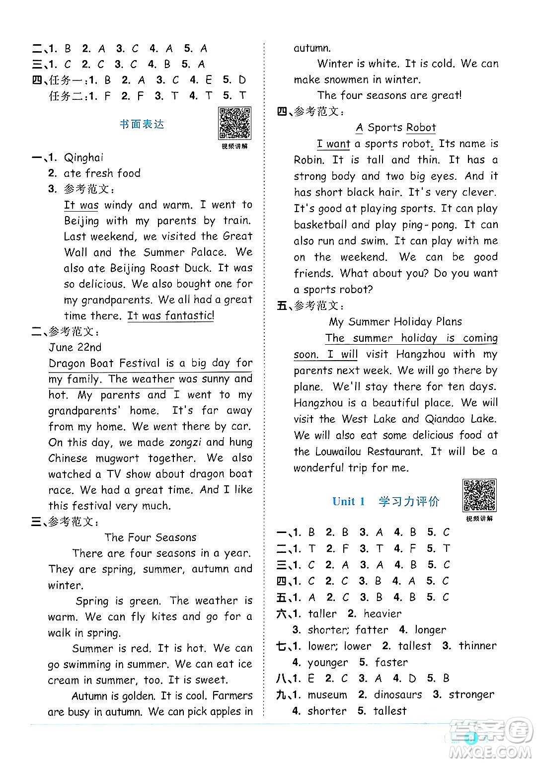 江西教育出版社2024年春陽光同學(xué)課時(shí)優(yōu)化作業(yè)六年級英語下冊人教版答案