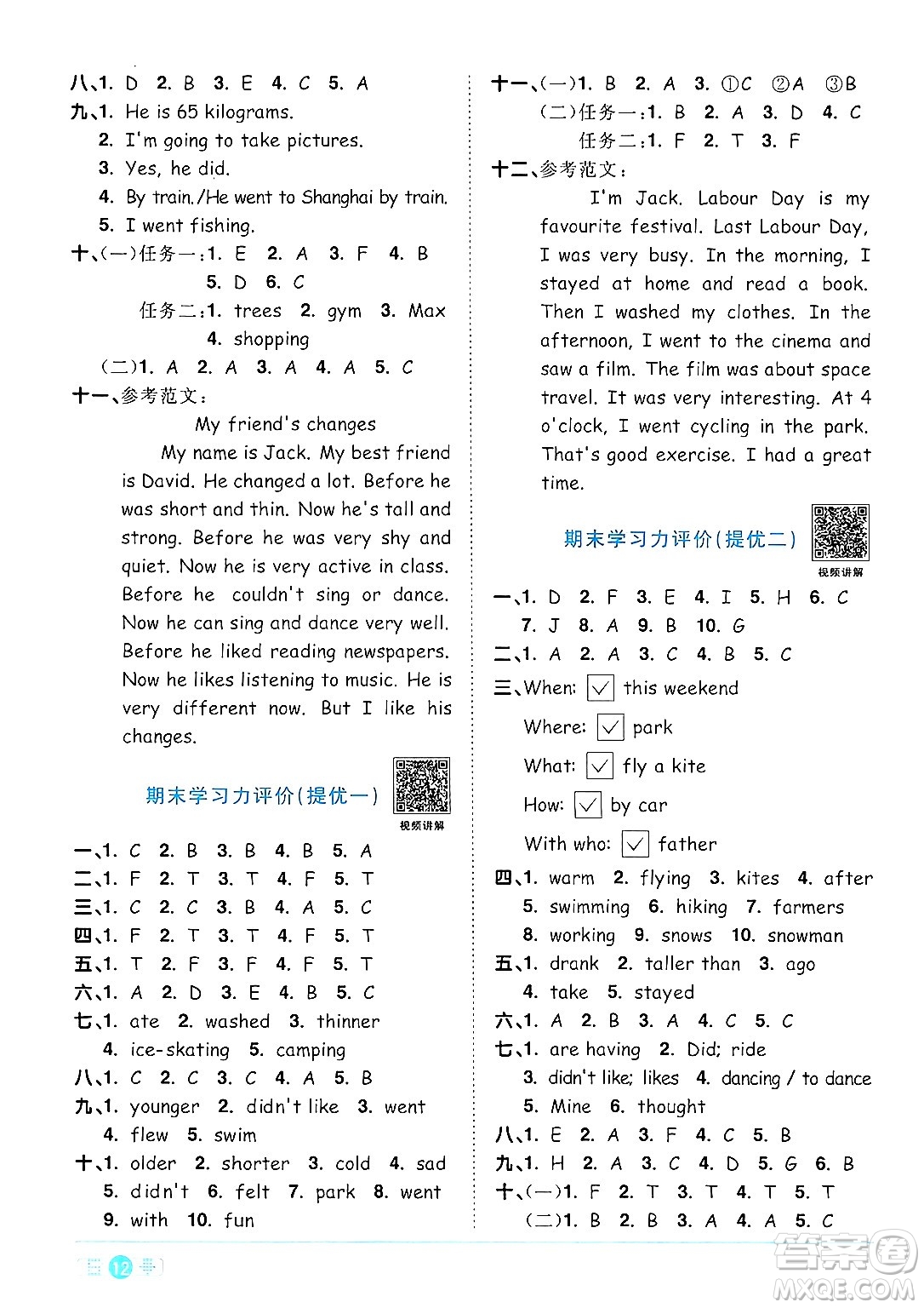 江西教育出版社2024年春陽光同學(xué)課時(shí)優(yōu)化作業(yè)六年級英語下冊人教版答案