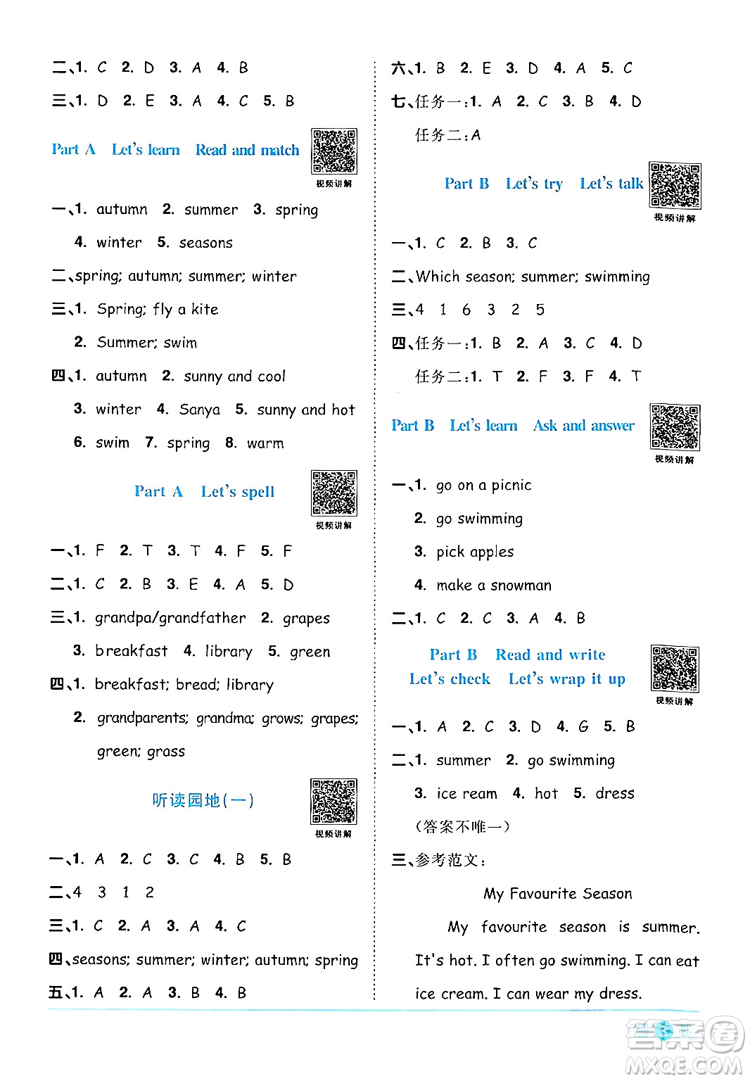 江西教育出版社2024年春陽光同學(xué)課時優(yōu)化作業(yè)五年級英語下冊人教版廣東專版答案