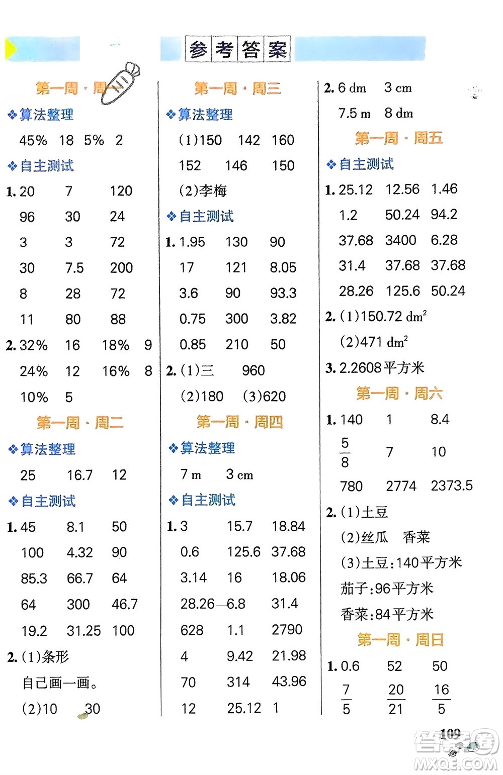 遼寧教育出版社2024年春小學(xué)學(xué)霸天天計算六年級數(shù)學(xué)下冊蘇教版參考答案