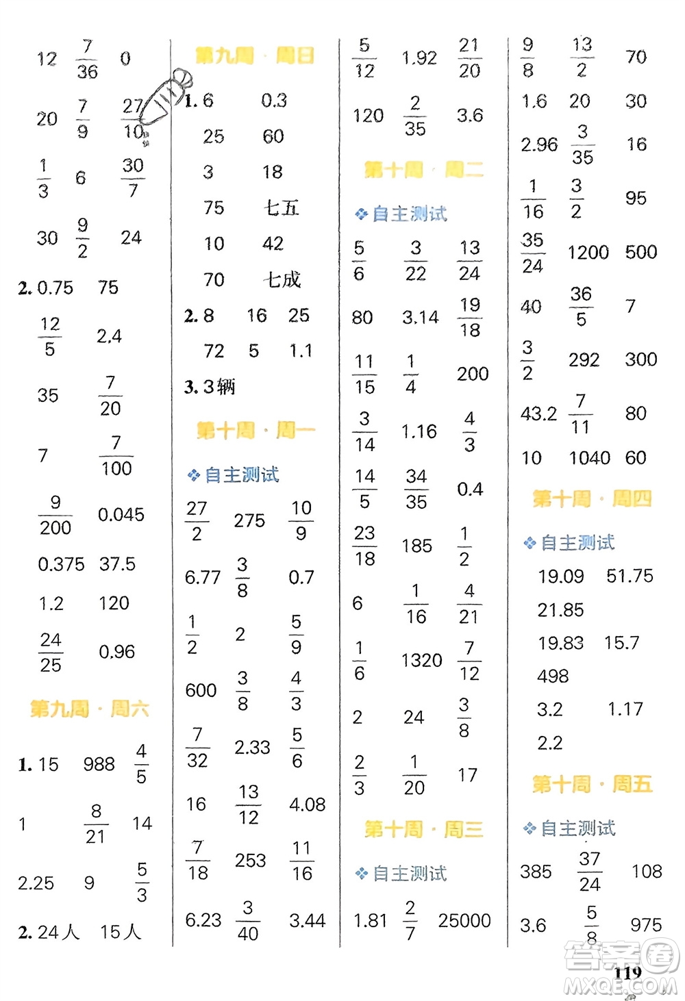 遼寧教育出版社2024年春小學(xué)學(xué)霸天天計(jì)算六年級(jí)數(shù)學(xué)下冊(cè)人教版廣東專版參考答案