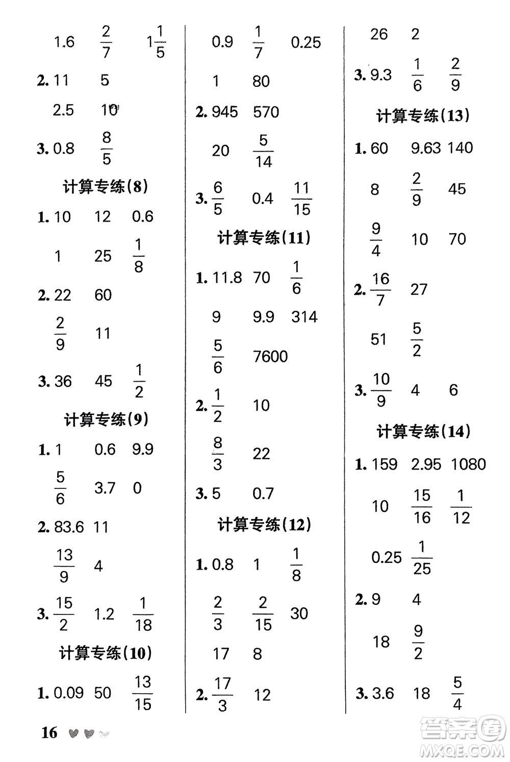 遼寧教育出版社2024年春小學(xué)學(xué)霸天天計(jì)算六年級(jí)數(shù)學(xué)下冊(cè)人教版廣東專版參考答案