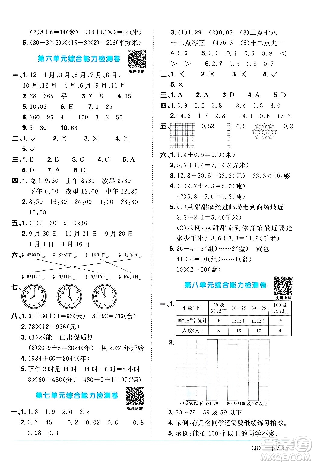 江西教育出版社2024年春陽光同學(xué)課時優(yōu)化作業(yè)三年級數(shù)學(xué)下冊青島版山東專版答案