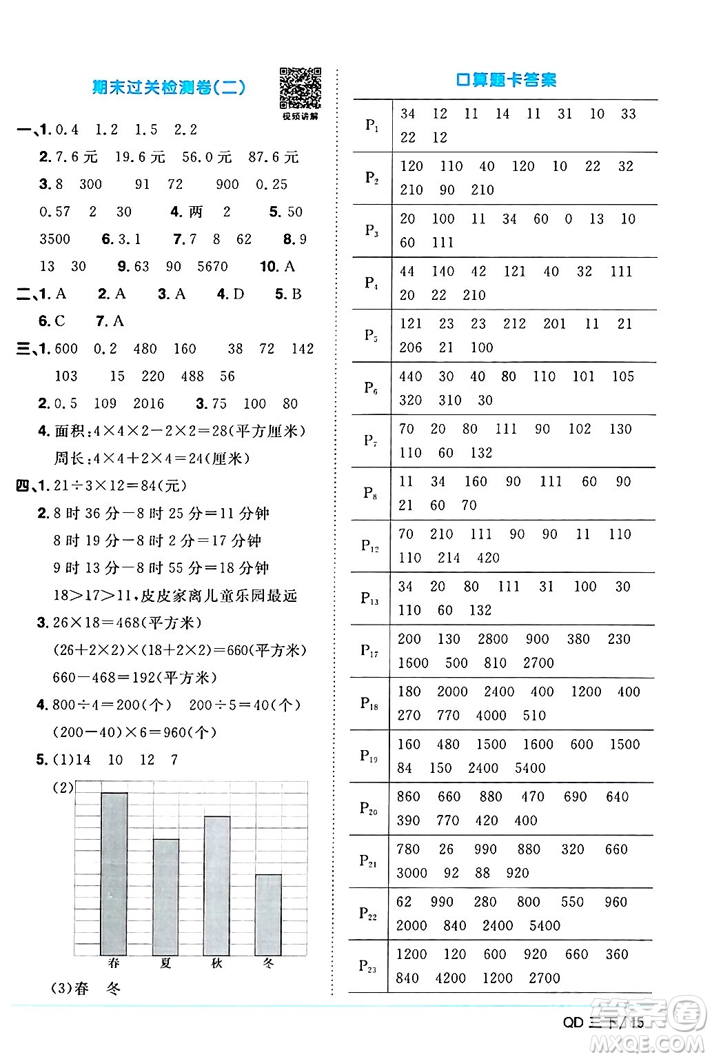 江西教育出版社2024年春陽光同學(xué)課時優(yōu)化作業(yè)三年級數(shù)學(xué)下冊青島版山東專版答案