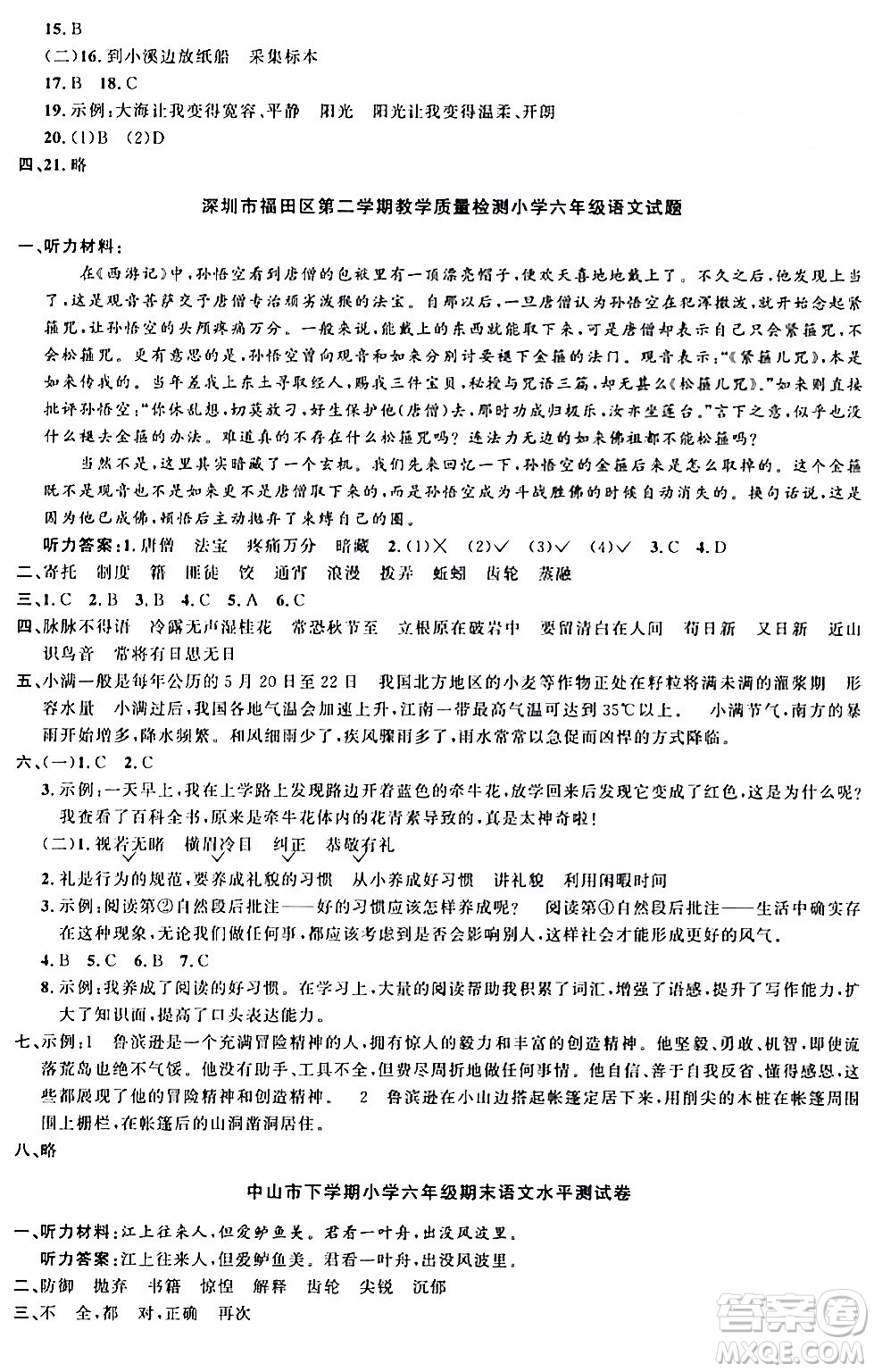 江西教育出版社2024年春陽光同學(xué)課時優(yōu)化作業(yè)六年級語文下冊人教版廣東專版答案