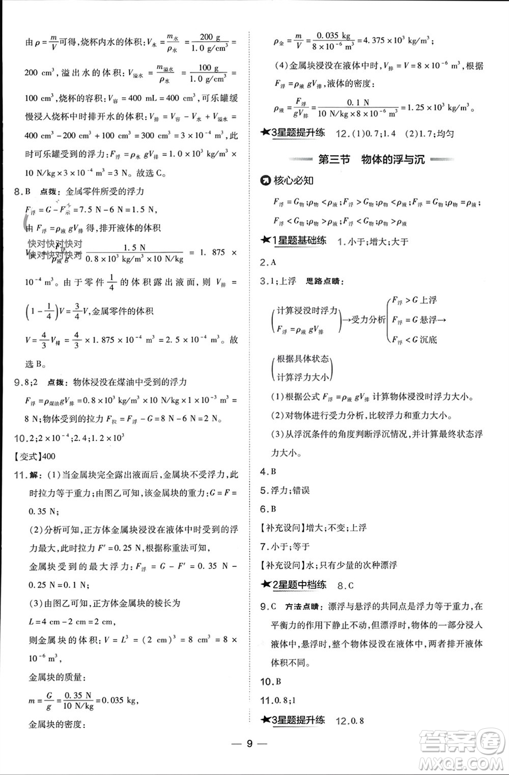 山西教育出版社2024年春榮德基點(diǎn)撥訓(xùn)練八年級(jí)物理下冊(cè)滬科版參考答案