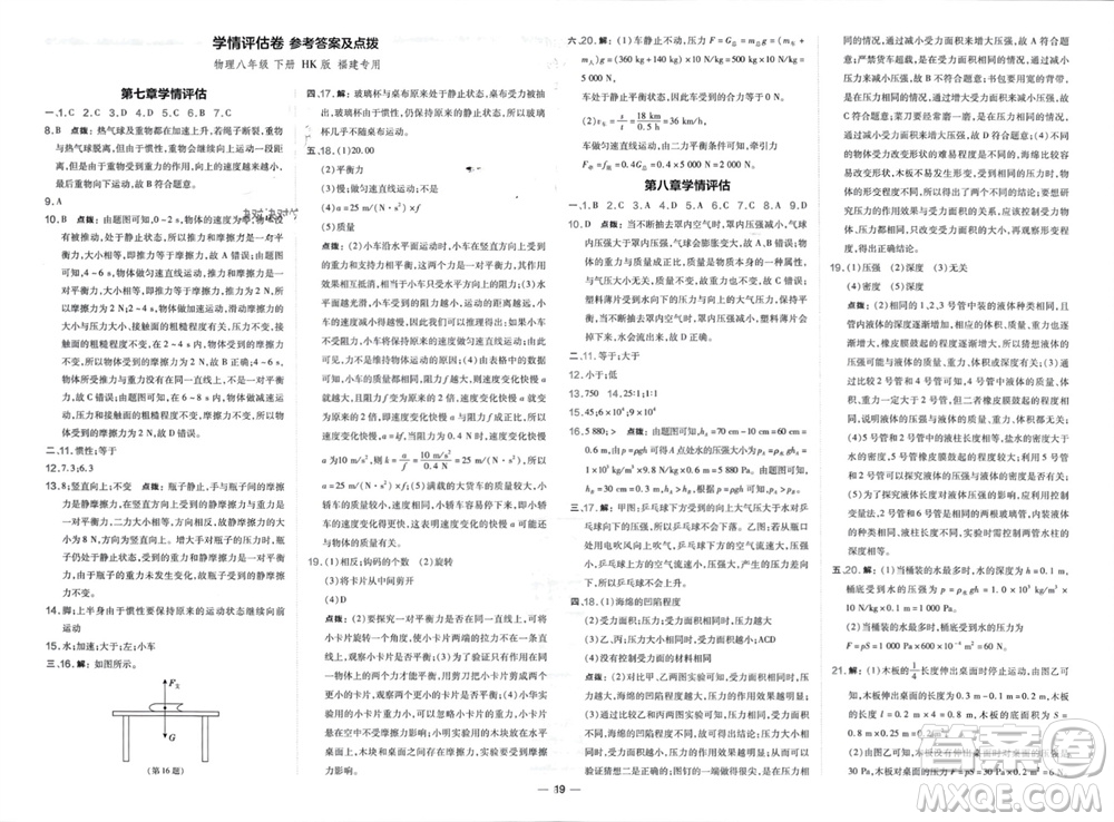 山西教育出版社2024年春榮德基點(diǎn)撥訓(xùn)練八年級(jí)物理下冊(cè)滬科版參考答案