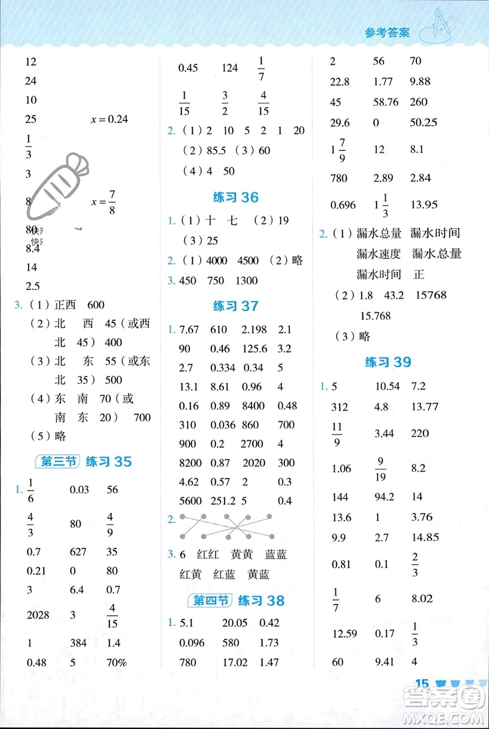 安徽教育出版社2024年春榮德基星級口算天天練六年級數學下冊冀教版參考答案