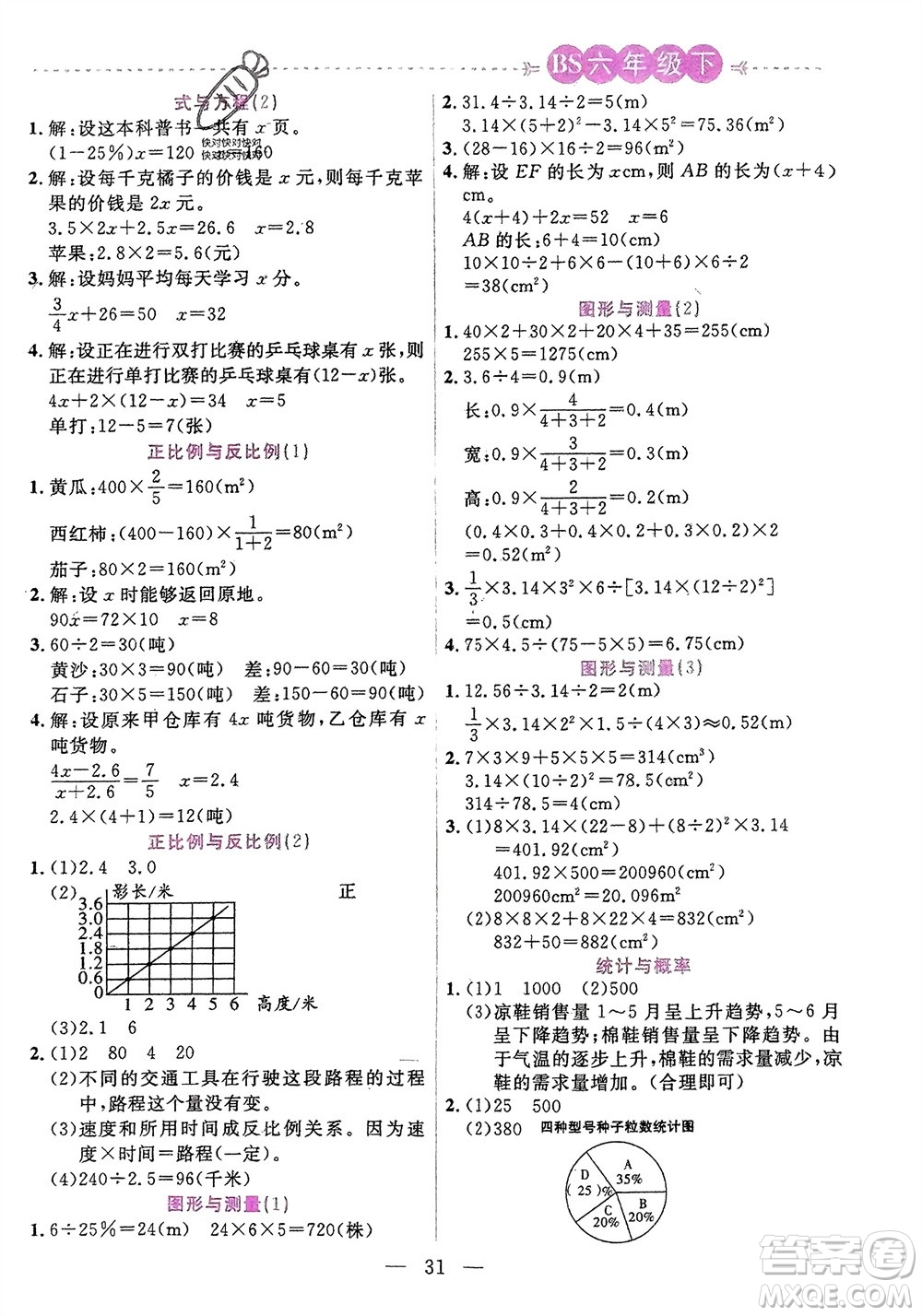 陽(yáng)光出版社2024年春揚(yáng)帆文化星級(jí)口算天天練六年級(jí)數(shù)學(xué)下冊(cè)北師大版參考答案