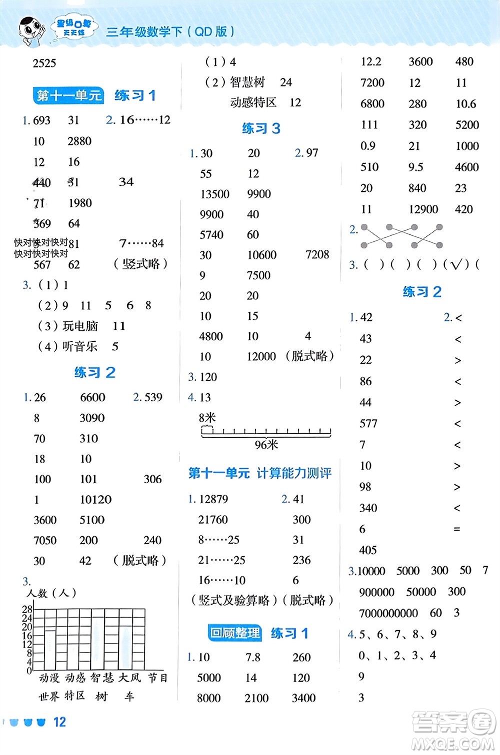 安徽教育出版社2024年春榮德基星級(jí)口算天天練三年級(jí)數(shù)學(xué)下冊(cè)五四學(xué)制青島版參考答案