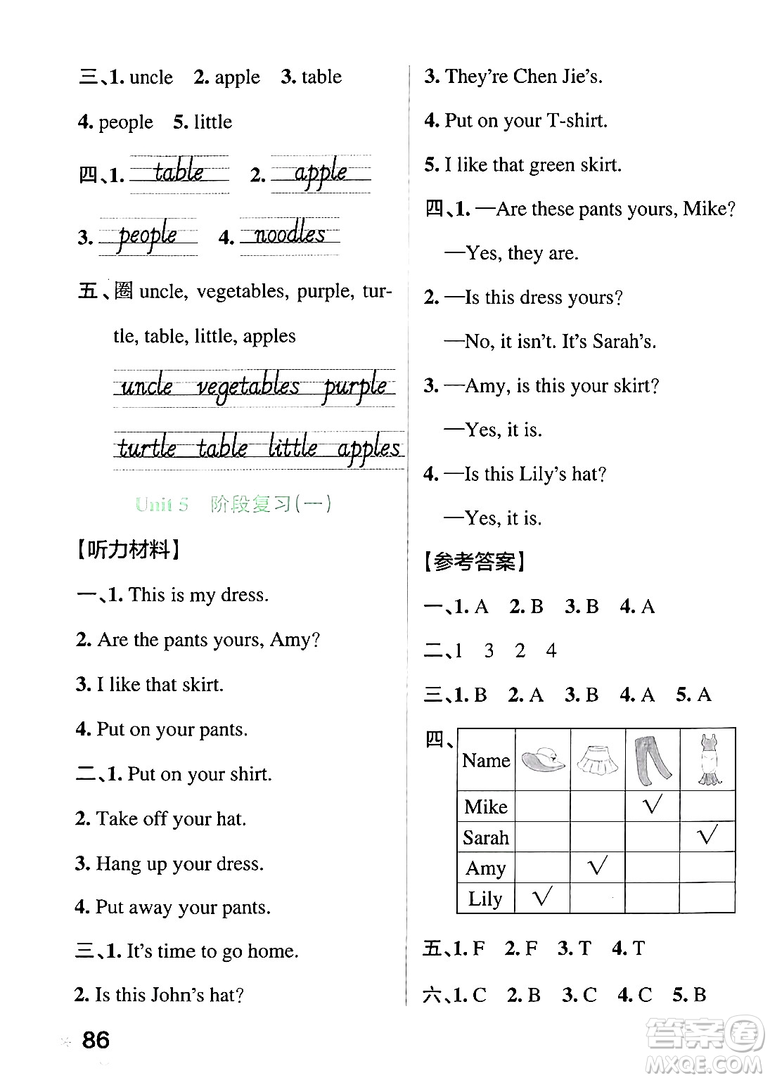 陜西師范大學(xué)出版總社有限公司2024年春PASS小學(xué)學(xué)霸作業(yè)本四年級英語下冊人教版答案