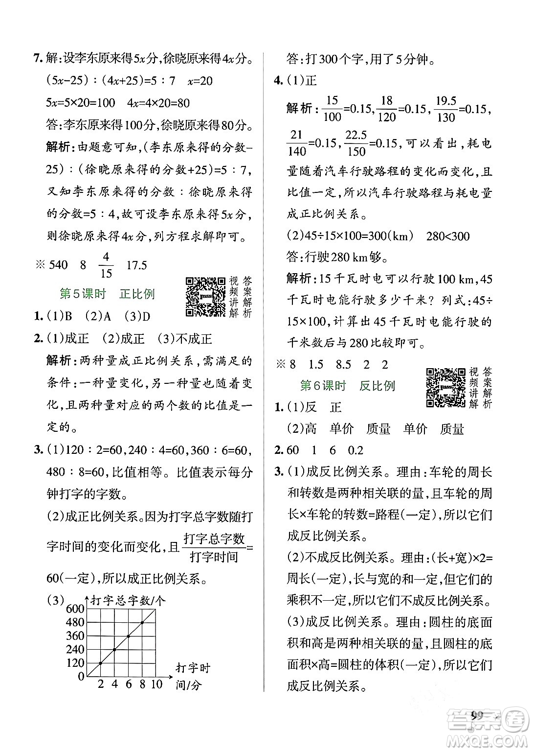 遼寧教育出版社2024年春PASS小學(xué)學(xué)霸作業(yè)本六年級(jí)數(shù)學(xué)下冊人教版答案