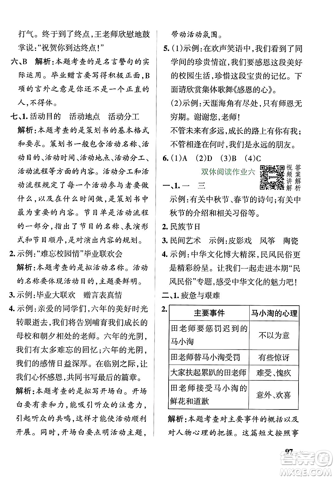 遼寧教育出版社2024年春PASS小學學霸作業(yè)本六年級語文下冊人教版答案