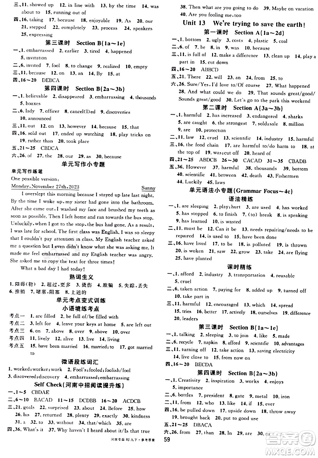 開明出版社2024年春名校課堂九年級(jí)英語下冊(cè)人教版河南專版答案