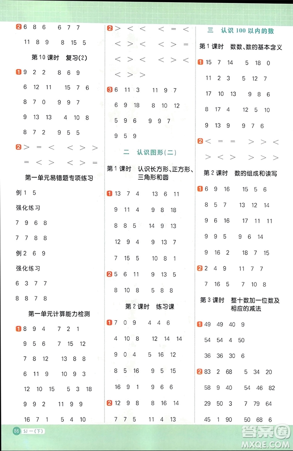 江西教育出版社2024年春陽(yáng)光同學(xué)計(jì)算小達(dá)人一年級(jí)數(shù)學(xué)下冊(cè)蘇教版參考答案