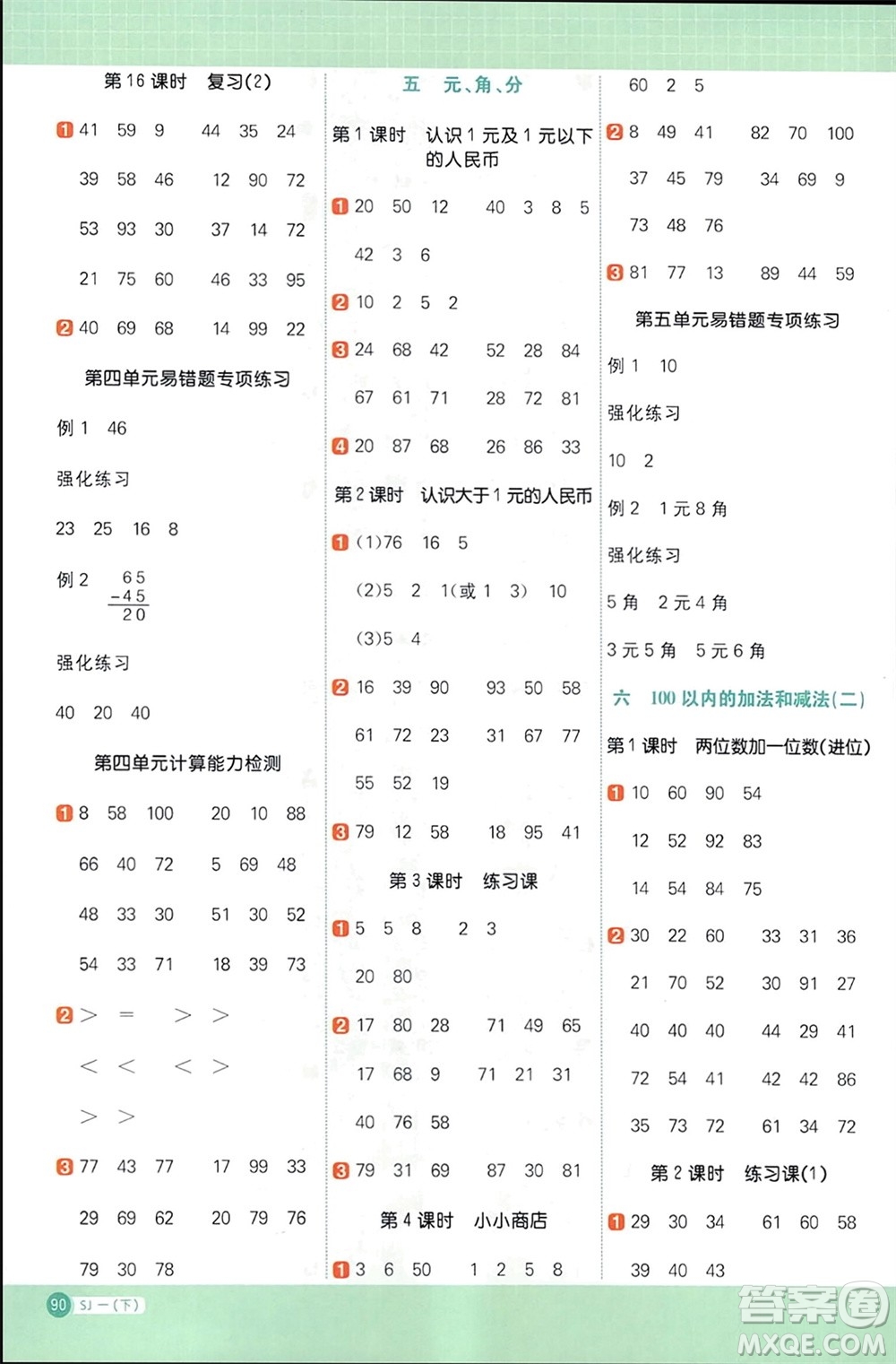 江西教育出版社2024年春陽(yáng)光同學(xué)計(jì)算小達(dá)人一年級(jí)數(shù)學(xué)下冊(cè)蘇教版參考答案