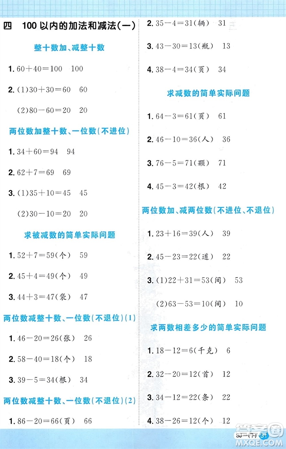 江西教育出版社2024年春陽(yáng)光同學(xué)計(jì)算小達(dá)人一年級(jí)數(shù)學(xué)下冊(cè)蘇教版參考答案