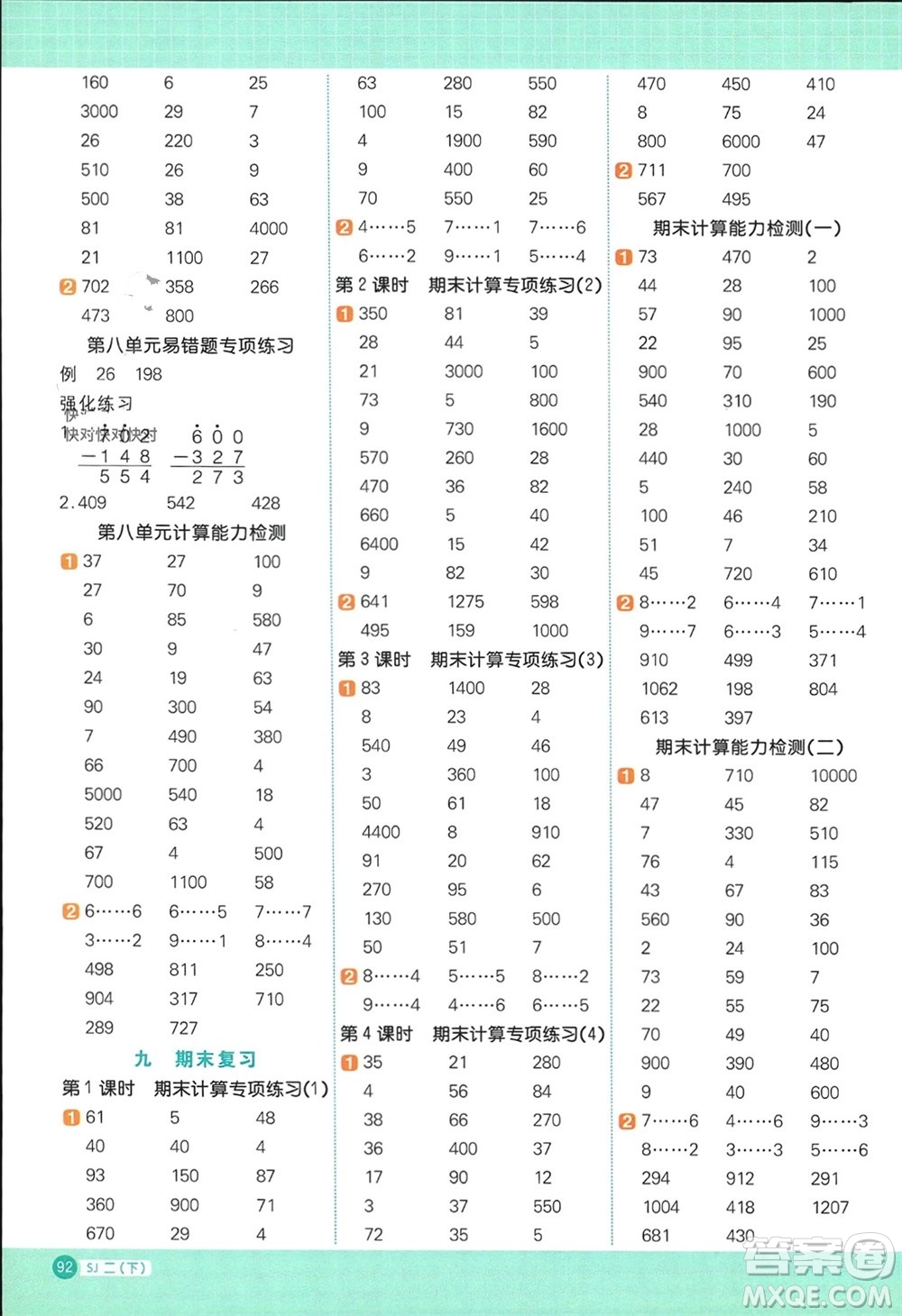 江西教育出版社2024年春陽光同學(xué)計(jì)算小達(dá)人二年級(jí)數(shù)學(xué)下冊(cè)蘇教版參考答案