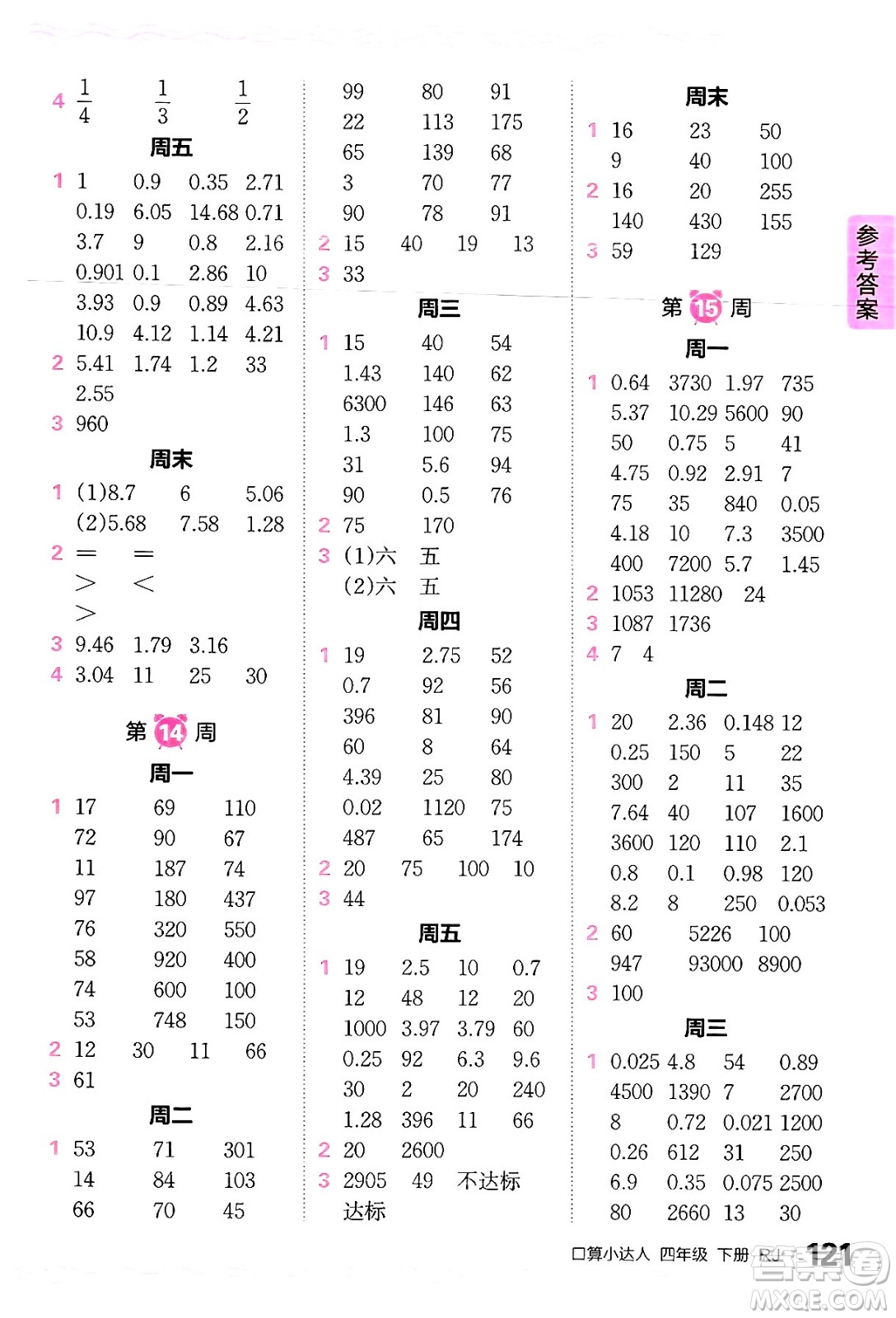 江西人民出版社2024年春王朝霞口算小達(dá)人四年級(jí)數(shù)學(xué)下冊(cè)人教版答案