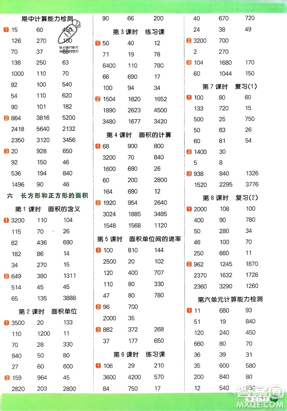 江西教育出版社2024年春陽光同學計算小達人三年級數(shù)學下冊蘇教版參考答案