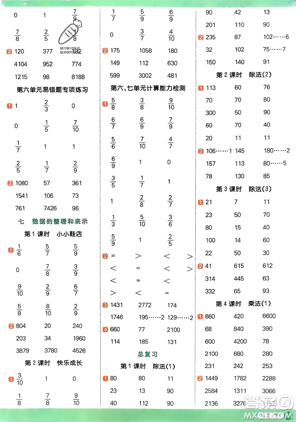 江西教育出版社2024年春陽(yáng)光同學(xué)計(jì)算小達(dá)人三年級(jí)數(shù)學(xué)下冊(cè)北師大版參考答案