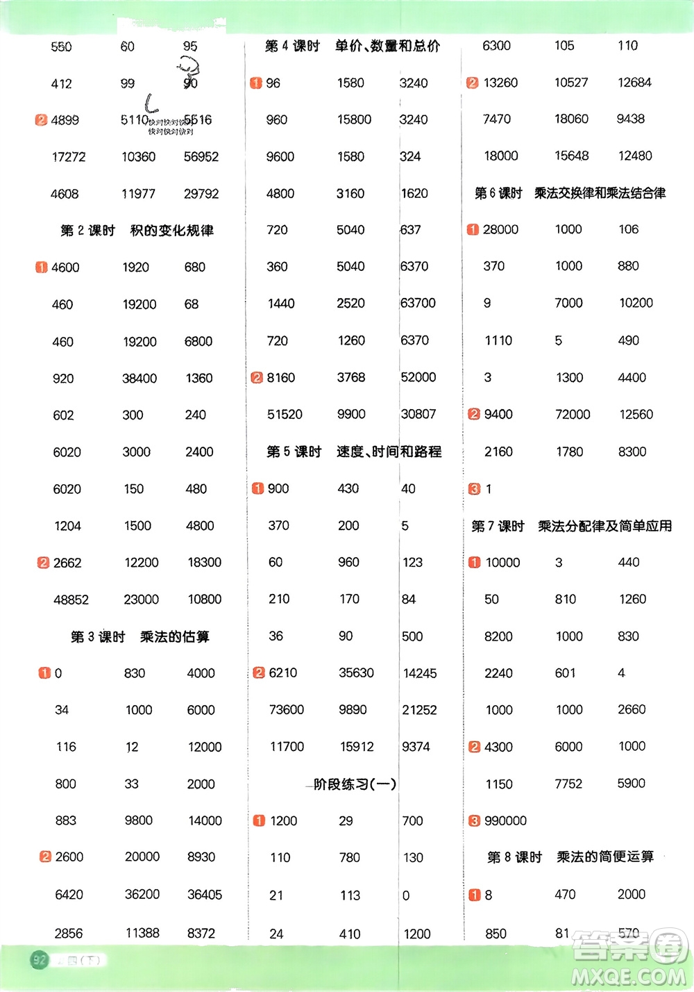 江西教育出版社2024年春陽光同學計算小達人四年級數學下冊冀教版參考答案