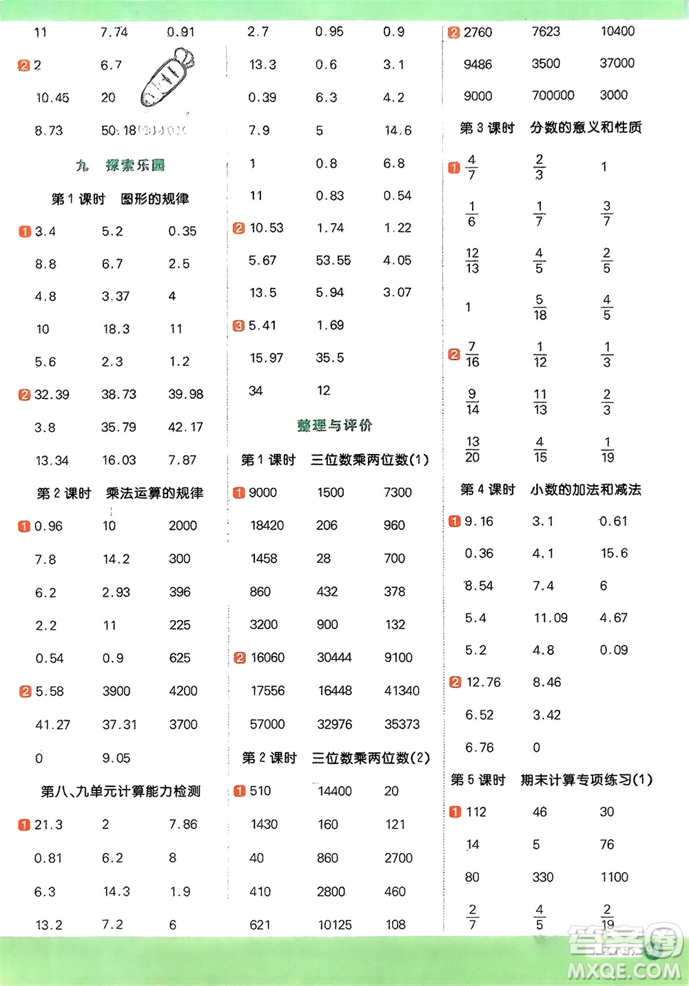 江西教育出版社2024年春陽光同學計算小達人四年級數學下冊冀教版參考答案