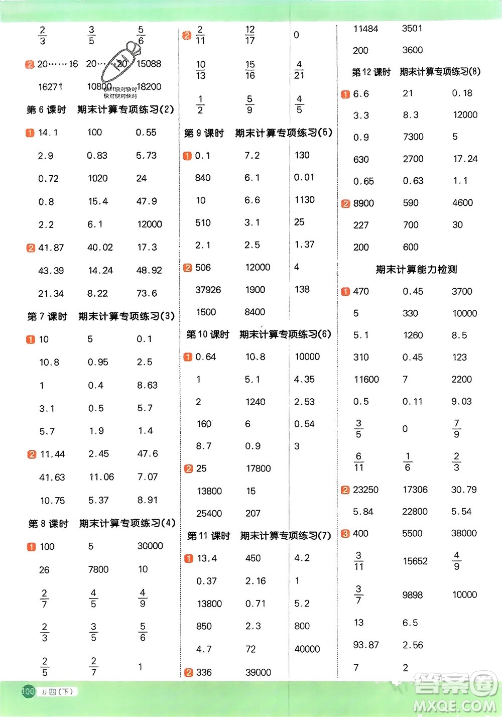 江西教育出版社2024年春陽光同學計算小達人四年級數學下冊冀教版參考答案