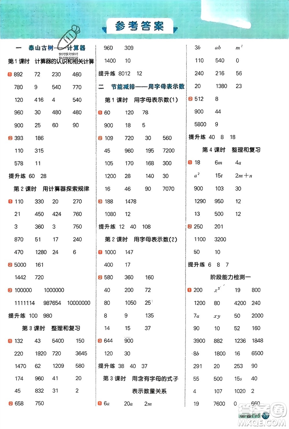 江西教育出版社2024年春陽光同學(xué)計算小達人四年級數(shù)學(xué)下冊青島版參考答案