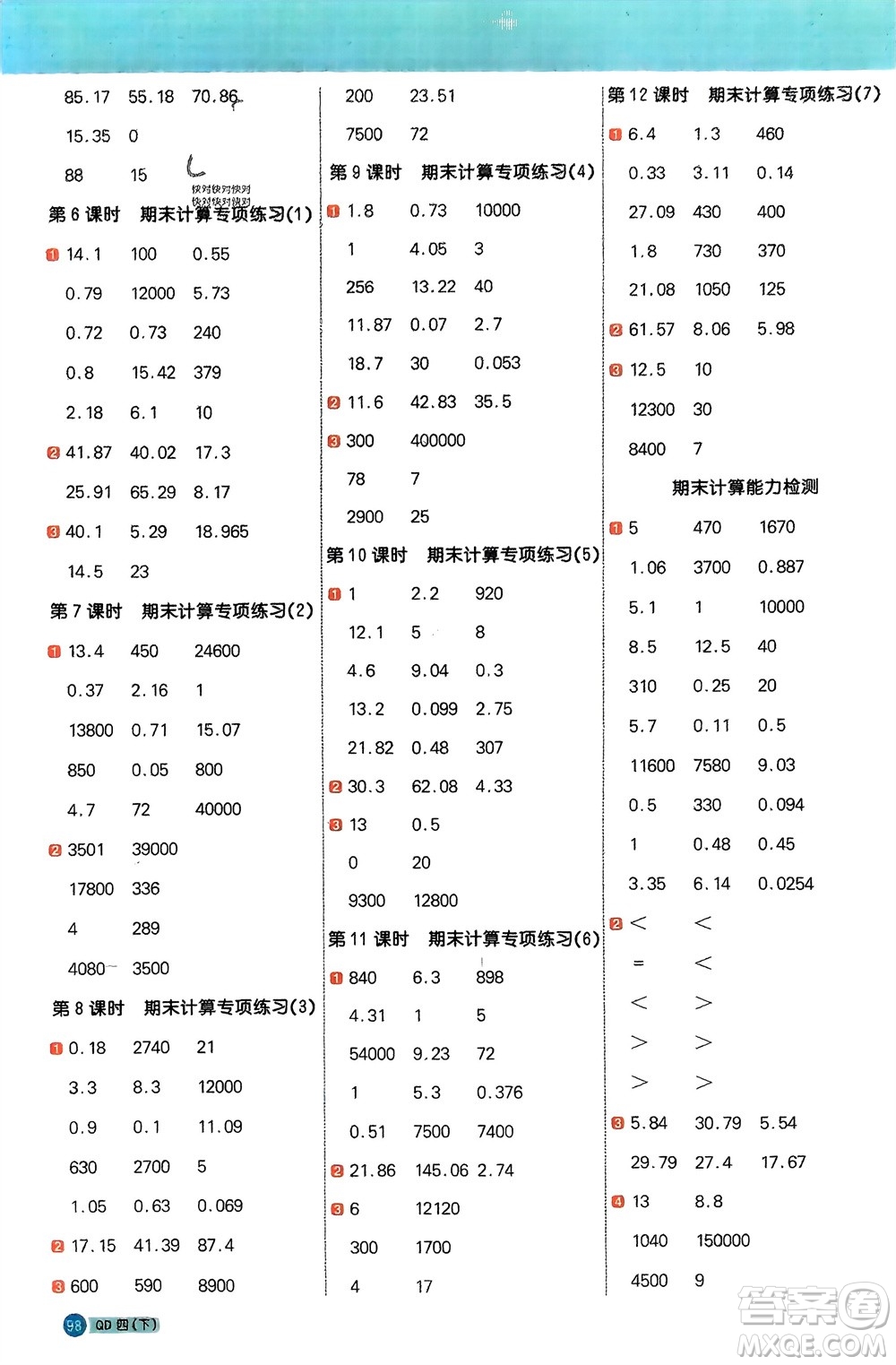 江西教育出版社2024年春陽光同學(xué)計算小達人四年級數(shù)學(xué)下冊青島版參考答案