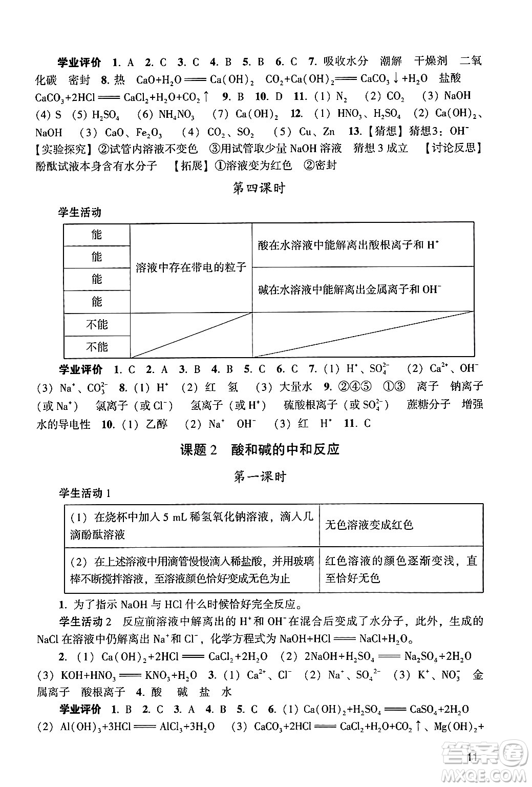 廣州出版社2024年春陽光學業(yè)評價九年級化學下冊人教版答案