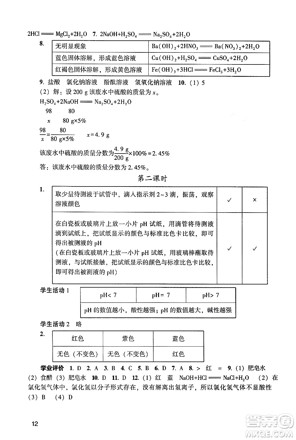 廣州出版社2024年春陽光學業(yè)評價九年級化學下冊人教版答案