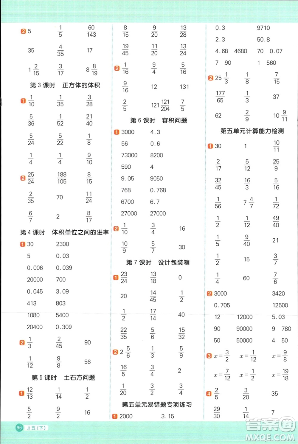 江西教育出版社2024年春陽光同學計算小達人五年級數(shù)學下冊冀教版參考答案