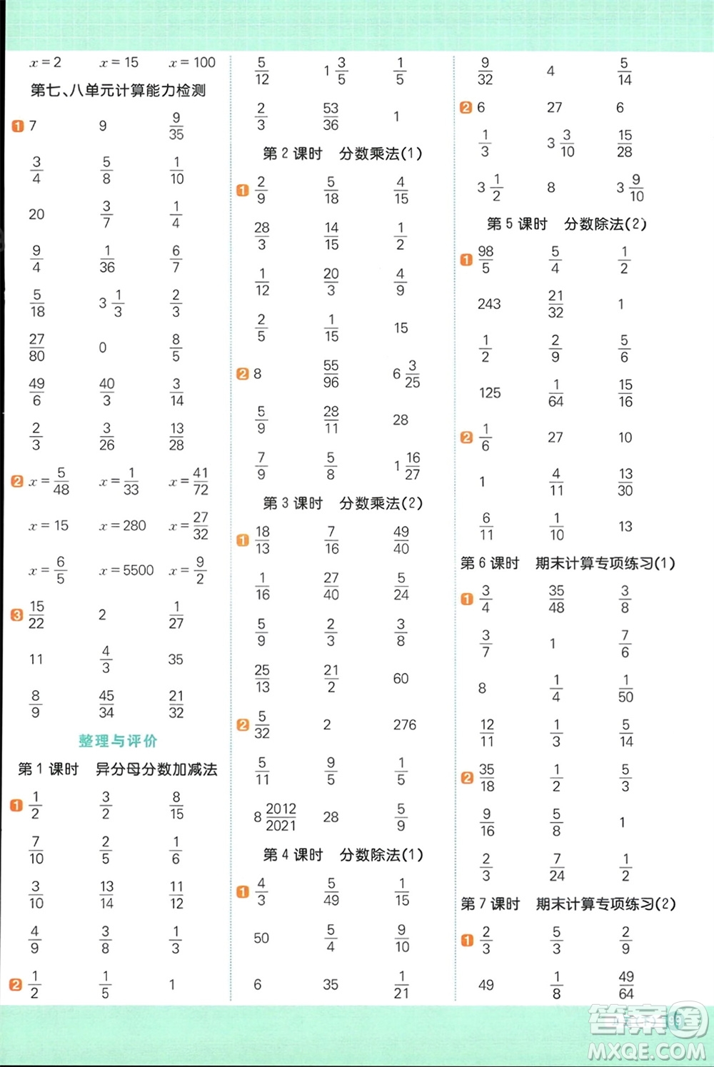 江西教育出版社2024年春陽光同學計算小達人五年級數(shù)學下冊冀教版參考答案