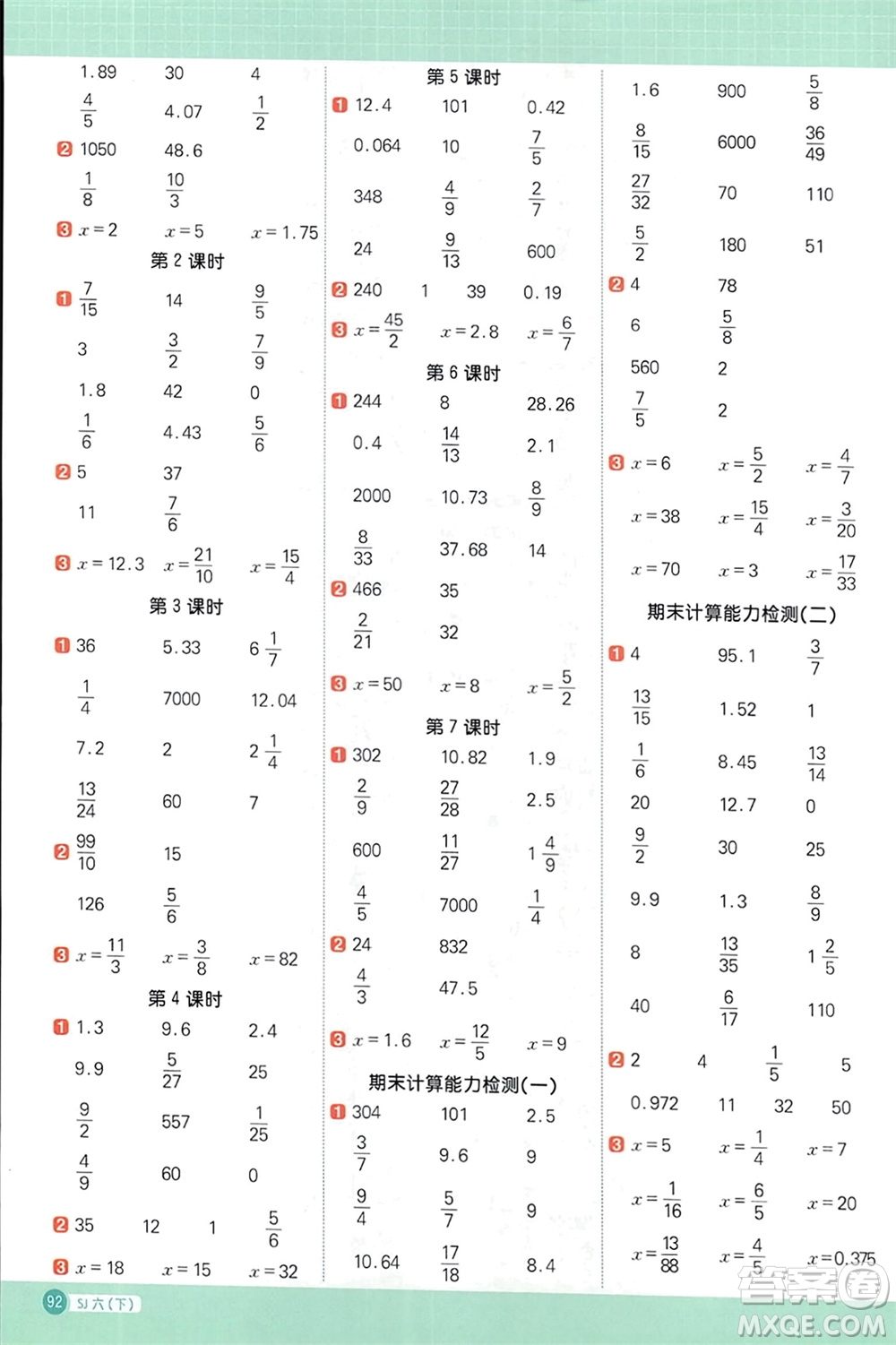 江西教育出版社2024年春陽光同學計算小達人六年級數(shù)學下冊蘇教版參考答案