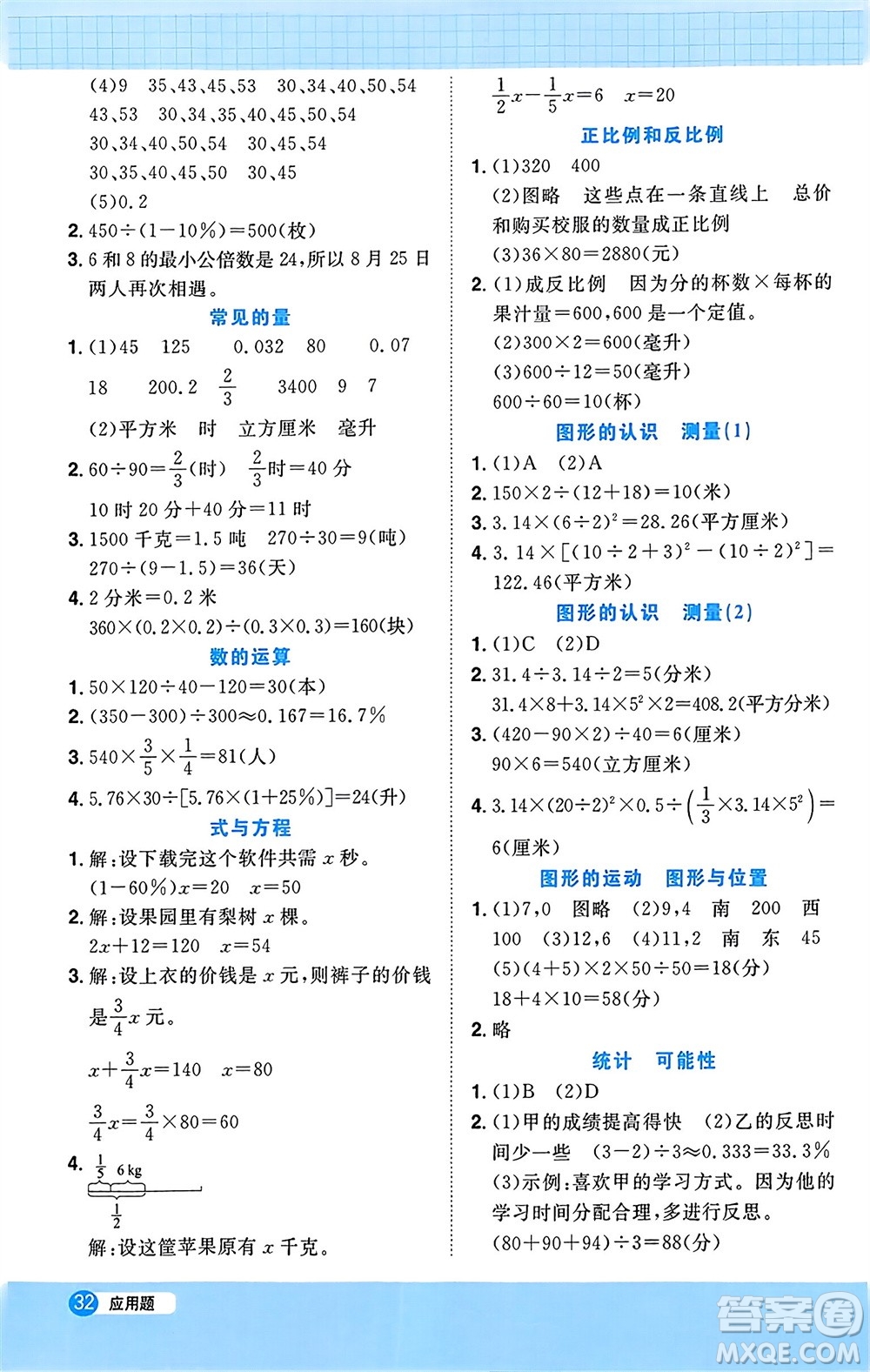 江西教育出版社2024年春陽光同學計算小達人六年級數(shù)學下冊蘇教版參考答案